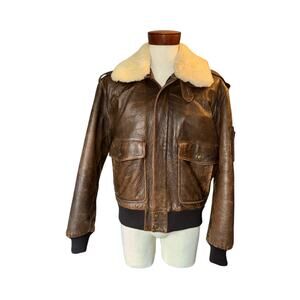 Vintage Kenneth Gordon Brown Leather Bomber Jacket w/ Sherpa Collar Sz 40